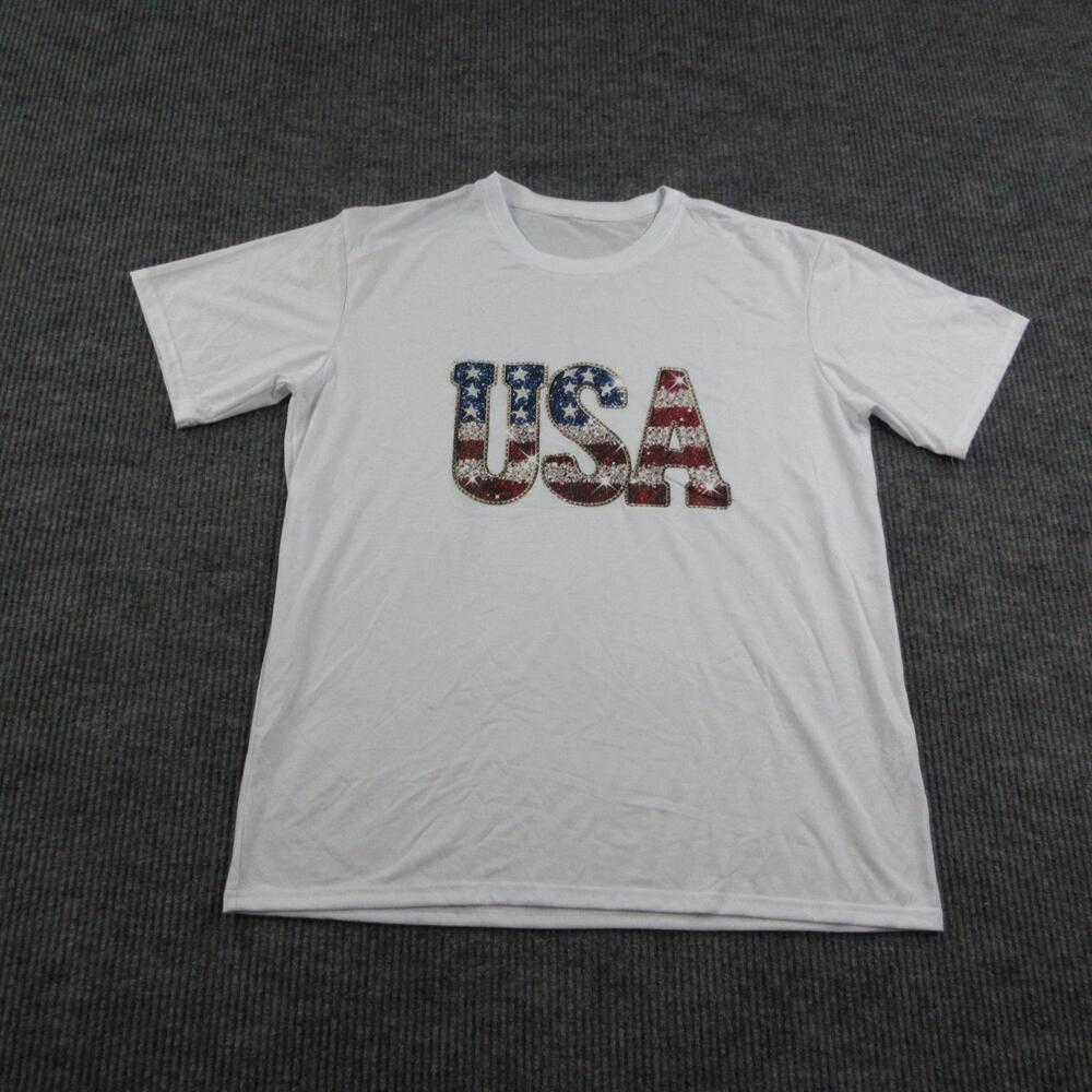 USA Shirt Mens XL White Cotton Crew Neck American Flag Graphic Tee Glitter